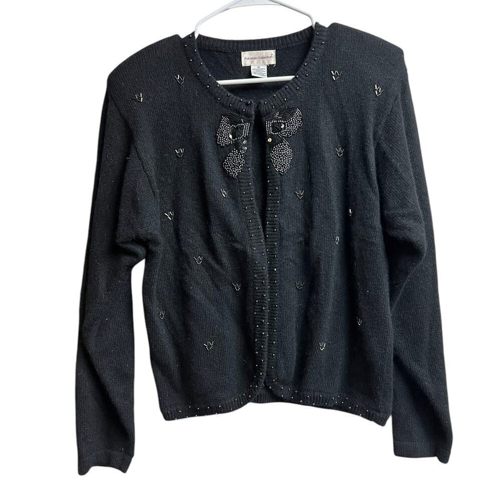 Potomac Collection Embellished Sweater Cardigan Black Bow Shoulder Pads Vintage